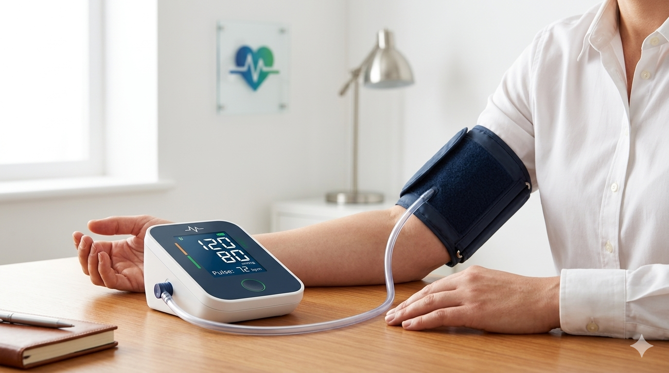 Clinical setup demonstrating optimized home blood pressure monitoring with a digital sphygmomanometer displaying 120/80 mmHg.